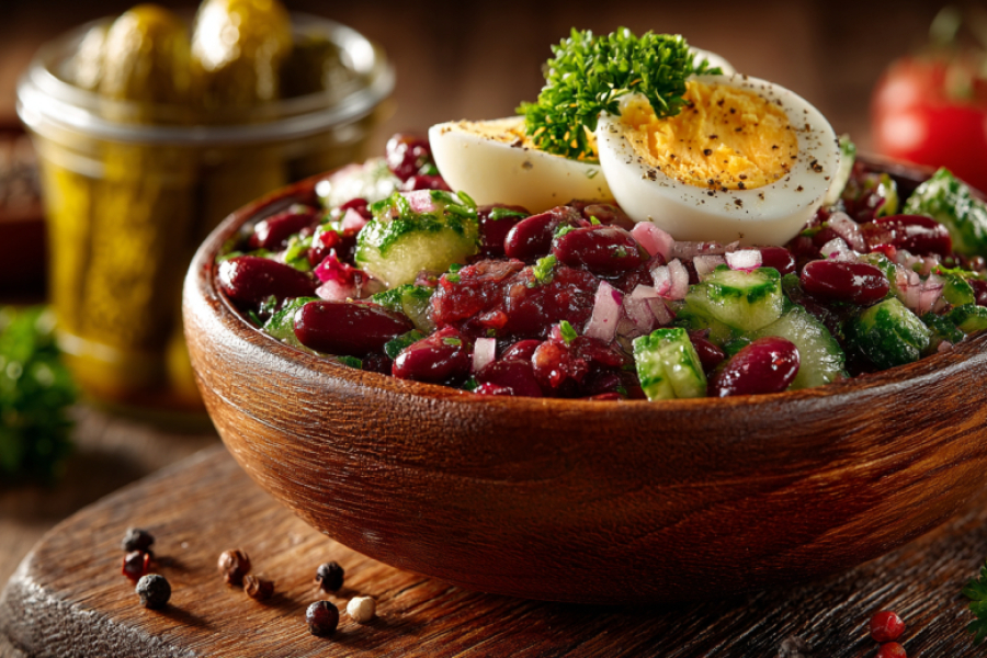 Салат &laquo;Экономный&raquo; без майонеза: пригодятся баночка фасоли и маринованные огурцы